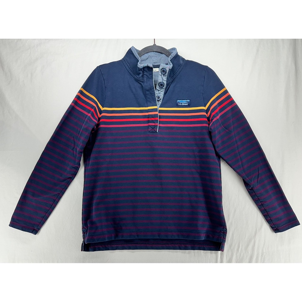 LL Bean Womens Navy Blue Striped Cotton Quarter Button Sweatshirt M 501241